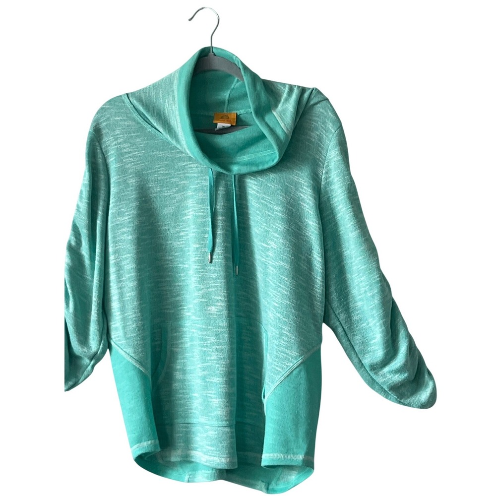 Ruby Rd Womens XL Aqua Green Cowl Neck Ruched Sleeve Kangaroo Pocket Top